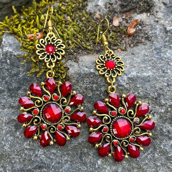 Red Flower Statement Drop Earrings - Picture 3 of 4